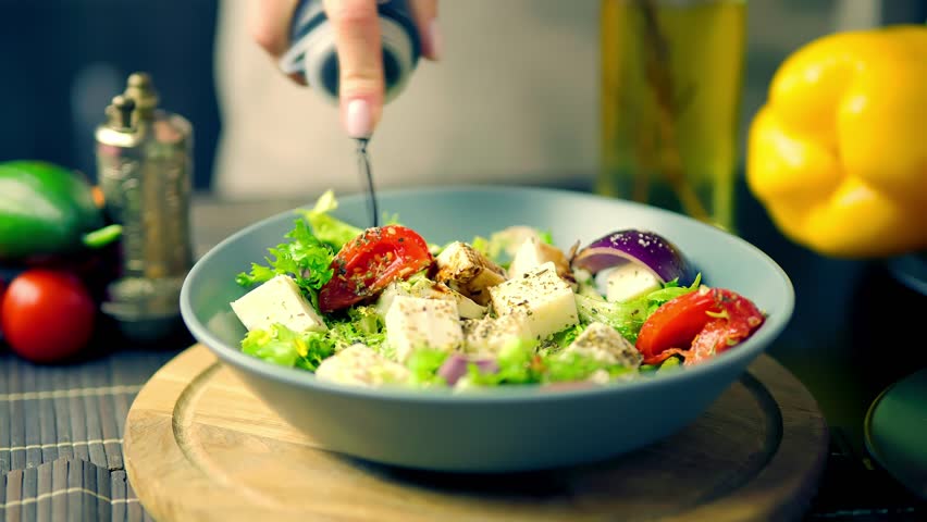 Eat Organic Lettuce Greek Salad. Dieting Healthy Food. Vegan Raw Food On Diet. Vegetarian Weight Losing Salad Balanced Food. Superfood Organic Greek Salad On Dieting. Lettuce Leaves Greek Salad Feta