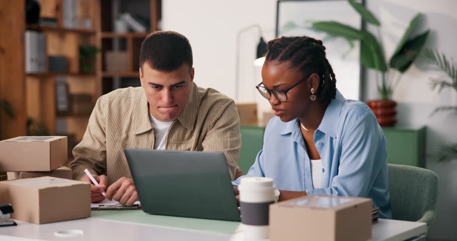 People, reading and laptop with boxes at startup for bad news, order cancellation and delivery error. Disappointed, staff and pc for client refund, lost package and logistics mistake for distribution