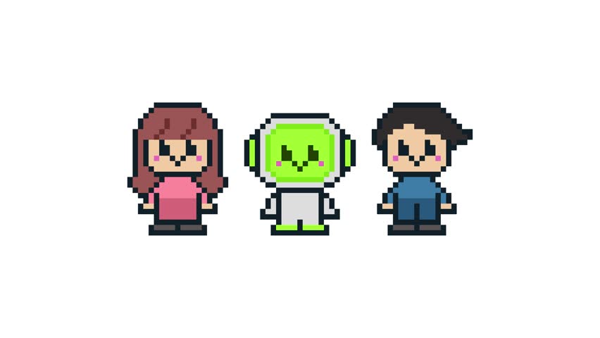 8-bit pixel art people and ai robot. looped animation 4k 30fps