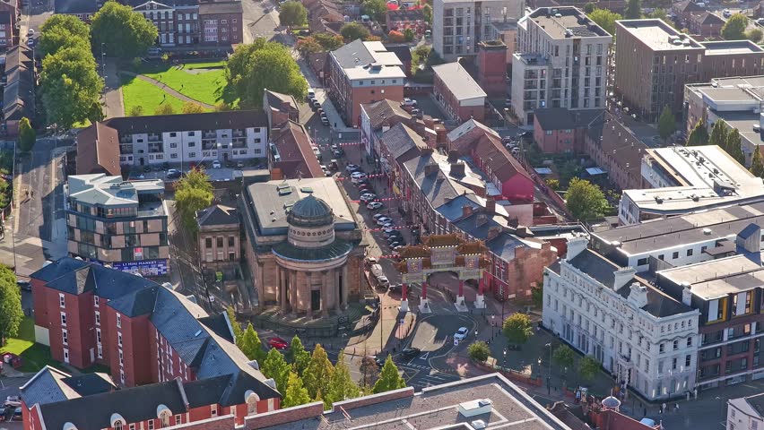Aerial view of William Brown Street shows Liverpool Central Library’s domed Picton Reading Room, St George’s Hall with Corinthian columns, Walker Art Gallery, World Museum and Lime Street Station near
