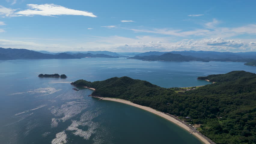 Cinematic aerial shot of Seto inland sea in Hiroshima prefecture, Japan