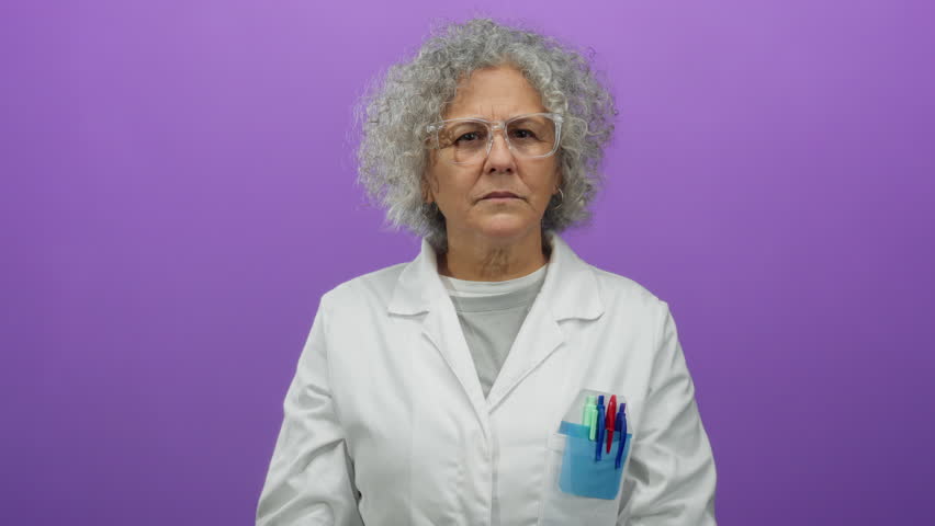 Elderly woman with grey hair in a white coat gestures listening with her hand to her ear against a purple background.