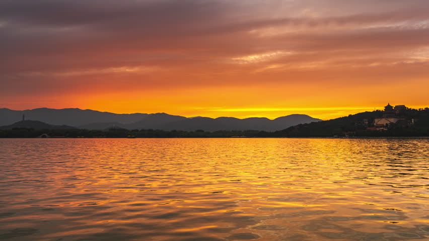 Sunset Timelapse of Kunming Lake, Tower of Buddhist Incense, Jade Spring Hill, and Jade Peak Pagoda at Summer Palace, Beijing, China