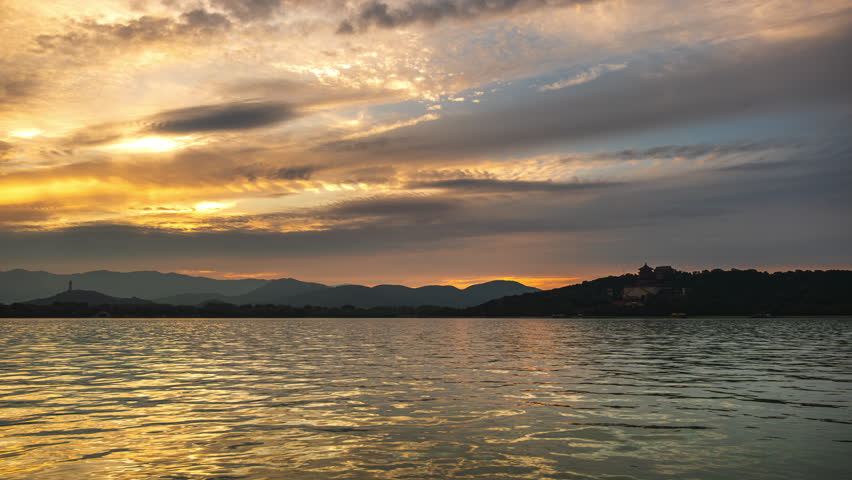 Sunset Timelapse of Kunming Lake, Tower of Buddhist Incense, Jade Spring Hill, and Jade Peak Pagoda at Summer Palace, Beijing, China