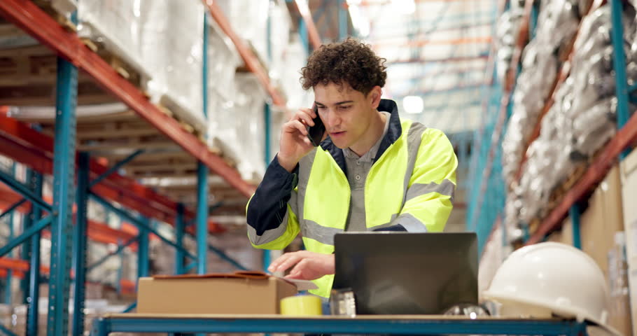 Distribution, phone call and worker in warehouse with laptop, happy conversation and paperwork for logistics. Man, engineer or professional in industry with mobile, tech and discussion for management