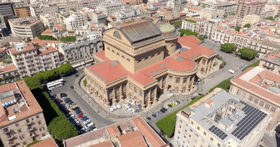 Aerial view of Teatro Massimo, an opera house and theater located on Verdi Square in Palermo, Sicily. It was dedicated to King Victor Emmanuel II. It