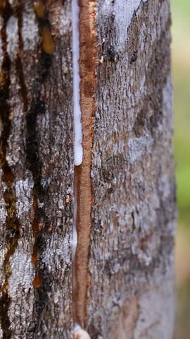 Close-up of latex sap flowing from freshly tapped rubber tree, natural daylight, static camera