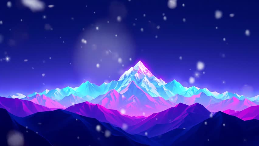 Deep Blue Synthwave Mountain: Polygonal Landscape with Snow