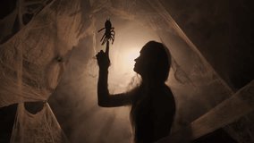 Silhouette of Dramatic witch or vampire woman on dark spiderwebs background. Halloween fantasy horror scene. - Powered by Shutterstock - Get 15% off with code: PIKWIZARD15