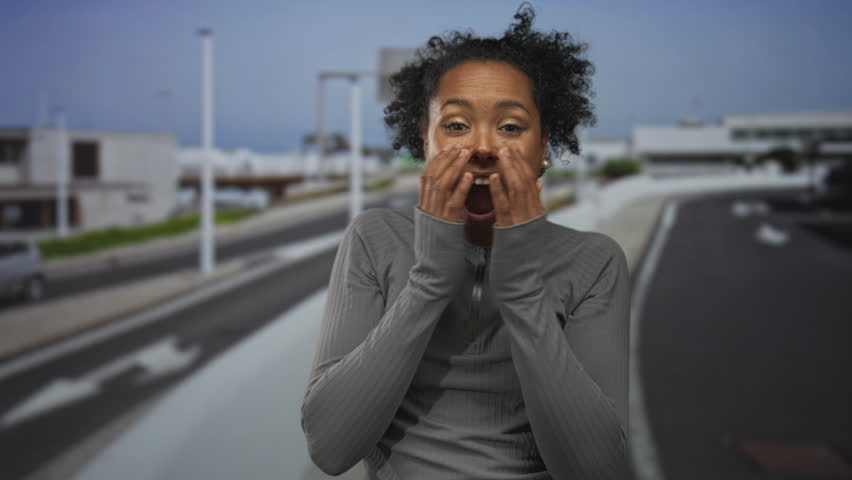 Woman covers mouth laughing on sunlit highway under clear blue sky with blurred vehicles and lane markings in view; joy.
