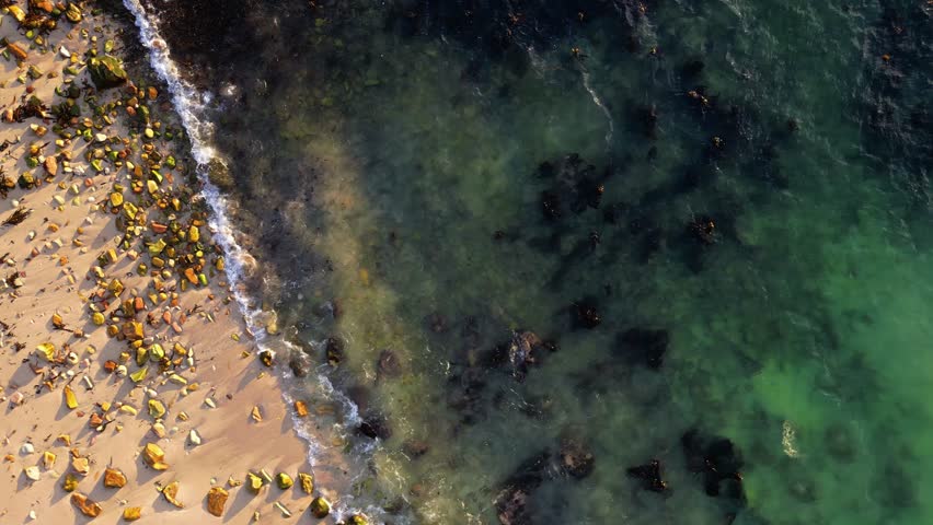 Aerial view of the coastline where turquoise waters meet the sandy shore, creating a stunning contrast of colors and textures, Cape Town, Western Cape, South Africa.