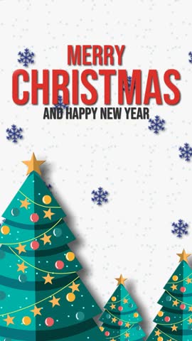 Vertical looping Christmas animation featuring decorated pine trees, falling snowflakes, and festive typography. Perfect for holiday greetings, story backgrounds, ads, and seasonal social media videos