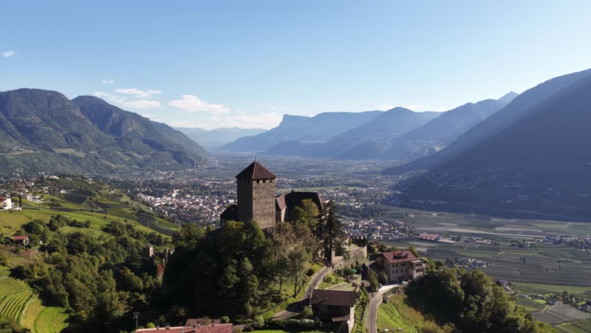Tyrol Castle Schloss Tirol or Castel Tirolo, in South Tyrol, Italy, aerial video