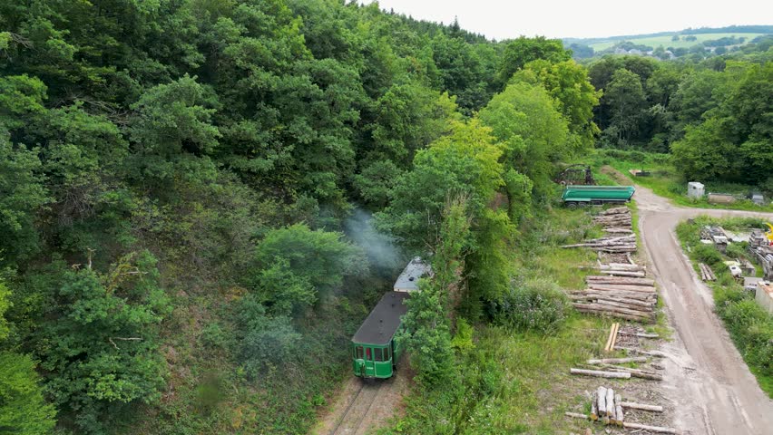 Aerial view of a quaint red train nestled among the vibrant green trees, contrasting with the dense forest canopy, Erezee, Region wallonne, Belgium.