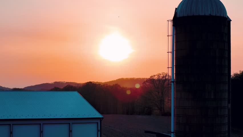 Aerial landscape of corn fields farmland mountains sunset rural Appalachia Central Pennsylvania USA