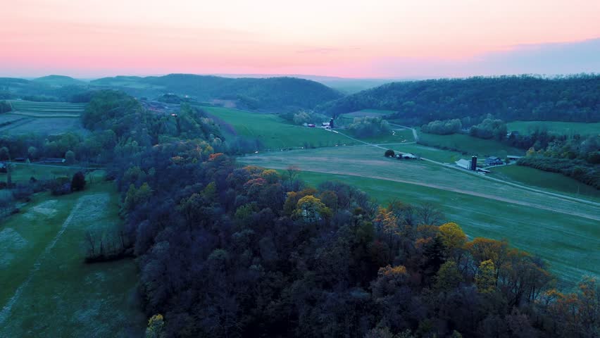Aerial landscape of corn fields farmland mountains sunset rural Appalachia Central Pennsylvania USA