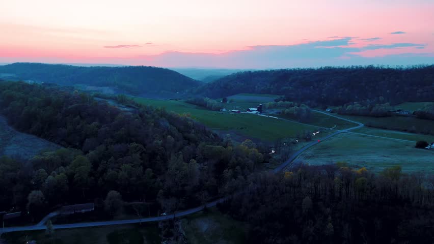 Aerial landscape of corn fields farmland mountains sunset rural Appalachia Central Pennsylvania USA