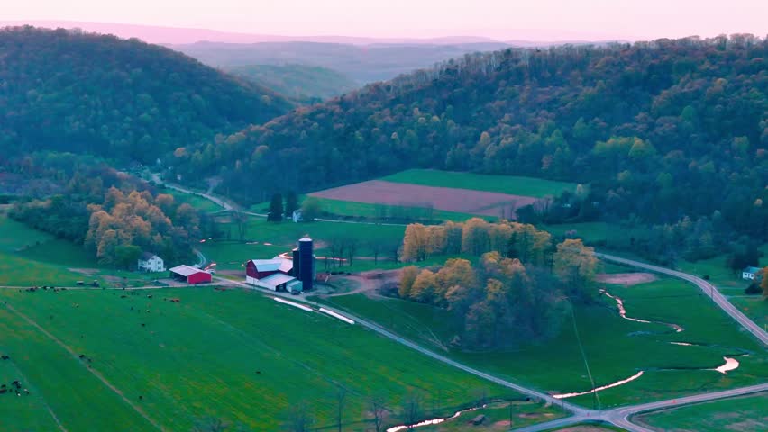 Aerial landscape of corn fields farmland mountains sunset rural Appalachia Central Pennsylvania USA