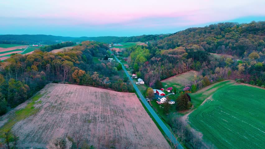 Aerial landscape of corn fields farmland mountains sunset rural Appalachia Central Pennsylvania USA