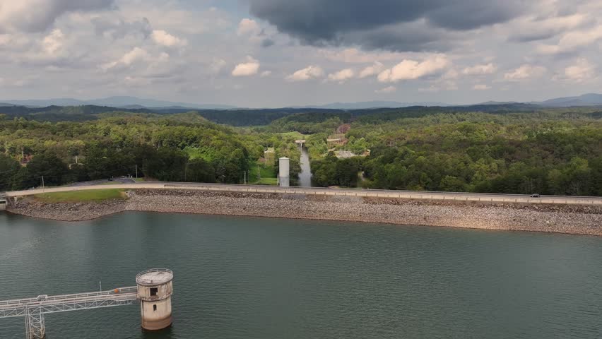 Drone view of dam and river in NC 4K