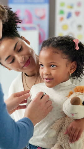 Stethoscope, breathe and doctor with child in office for medical service, asthma and diagnosis. Healthcare, pediatrician and mother with kid for wellness, check lungs and pulmonary exam in clinic