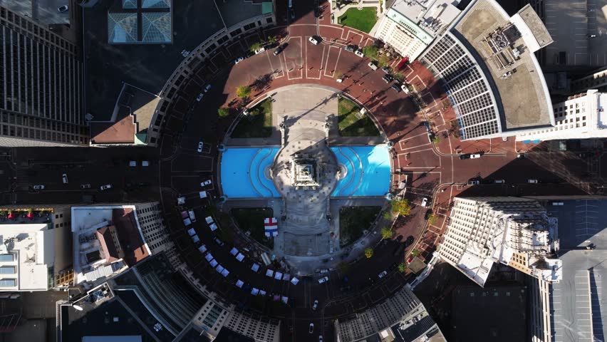 Top Down Drone Shot Above Monument Circle in Downtown Indianapolis, Indiana