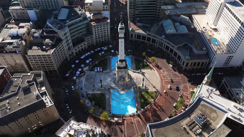 Orbiting Drone Shot Above Monument Circle in Downtown Indianapolis