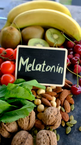 Foods containing melatonin on a beautiful background. Selective focus.