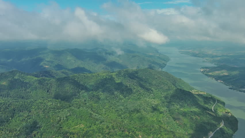 Aerial view on the Danube river and mountains in Djerdap National Park, Serbia Romania border, panorama 4k