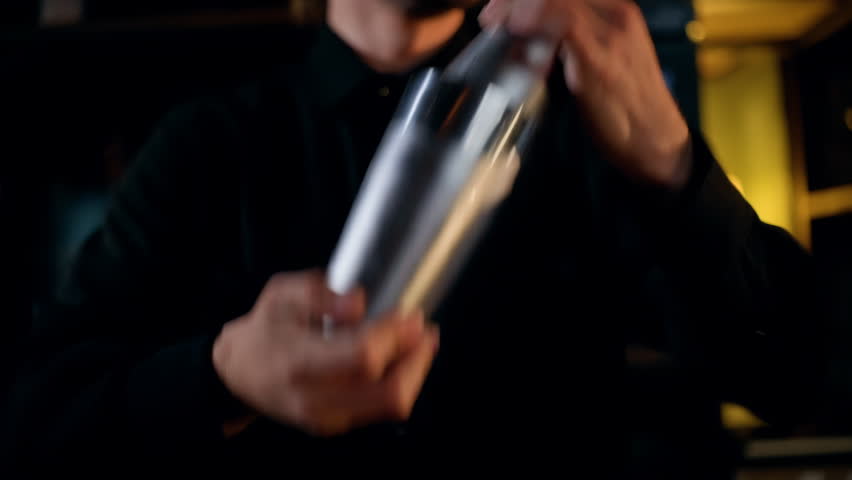 Bartender skillfully shaking a stainless steel cocktail shaker in a dimly lit bar, showcasing dynamic motion and craft as chilled ingredients blend into a refined evening drink
