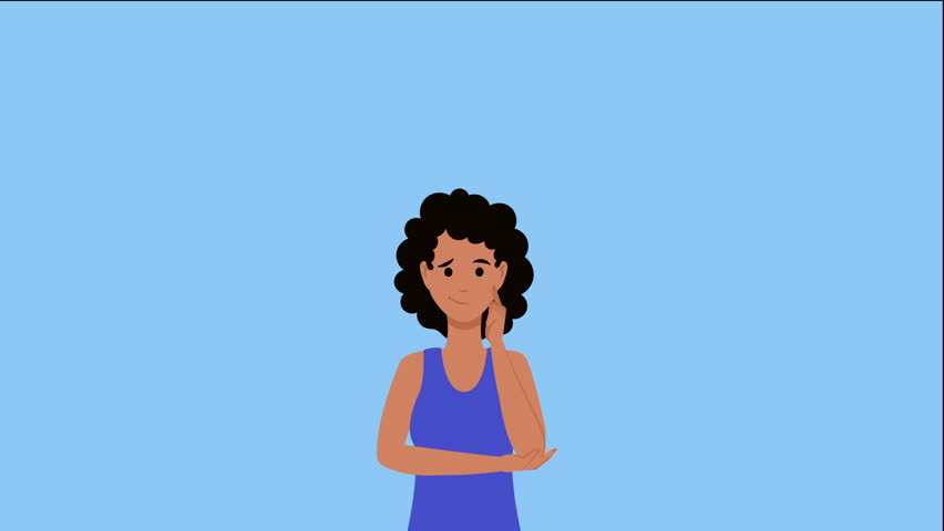 Animated african american woman having a question mark in a speech bubble. A female character thinking about a problem and finding a solution