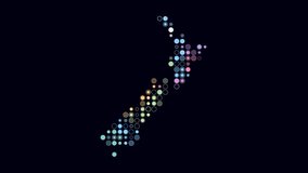 New Zealand animated country shape with pulsating colored dots on a dark background. Large circle blocks in a digital style map. Trending animation video. - Powered by Shutterstock - Get 15% off with code: PIKWIZARD15