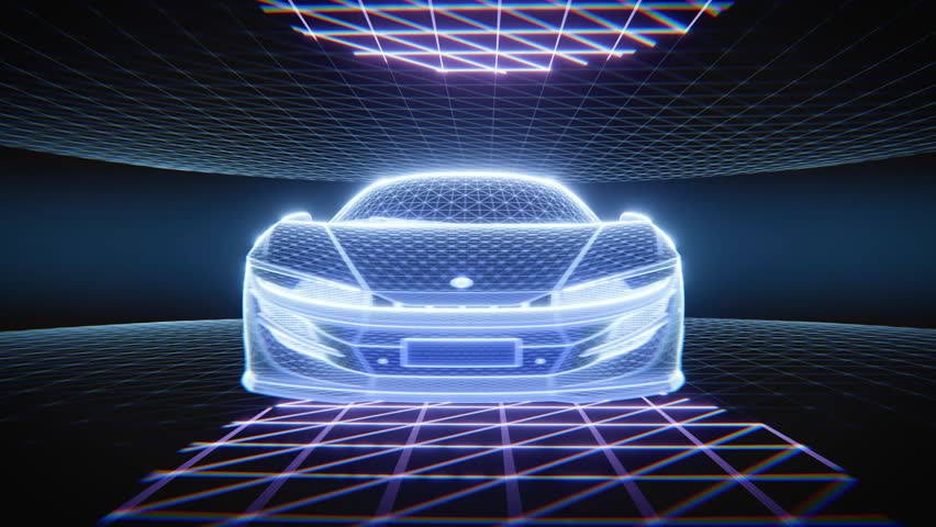 Futuristic wireframe car design in a neon grid digital room. - Powered by Shutterstock - Get 15% off with code: PIKWIZARD15