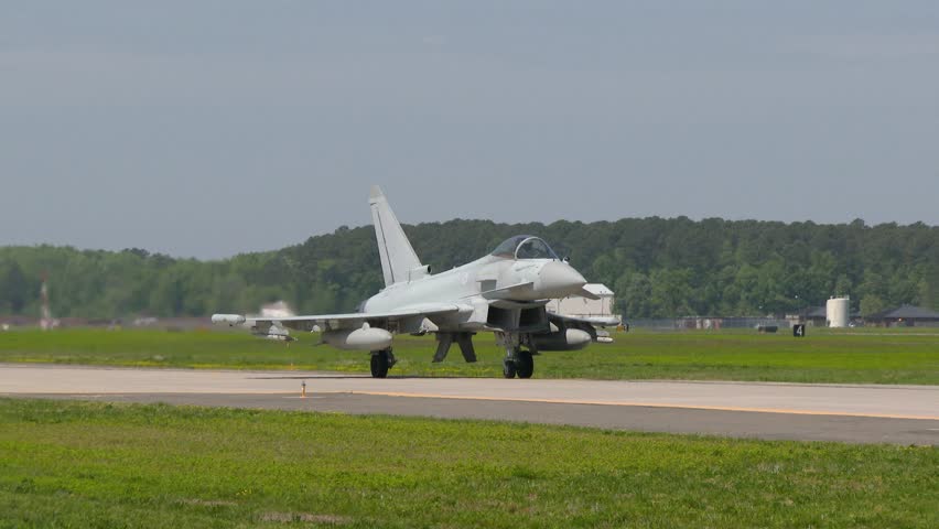 Eurofighter Typhoon taxiing on the airbase — a European-made fighter jet.