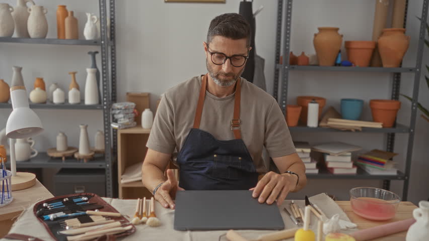 Man wearing apron and glasses typing on laptop at pottery workbench in studio with tools and clay pots on shelves; creative concentration.