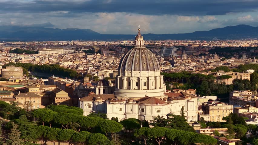 Aerial view of St. Peter's Basilica at sunset in Vatican. Italy, Rome 