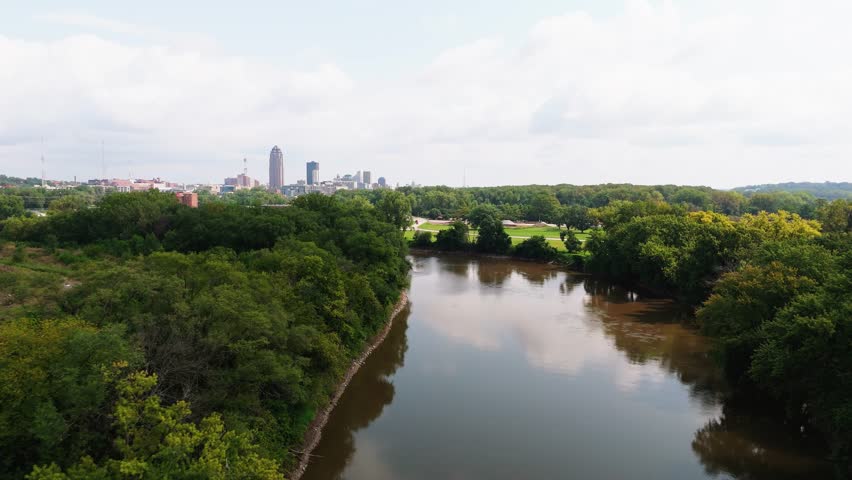 Drone footage of an iowa river watershed. Des Moines river water. Drinking water for the state.