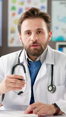 Face, doctor and man in clinic, video call and medical appointment on website, pov and telehealth. Explaining, symptoms and talk with patient for diagnosis, person and healthcare service in hospital