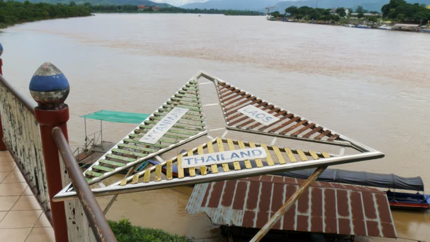 Golden Triangle Sign Over The Mekong River Between Three Countries Of Thailand, Myanmar And Laos. High Angle Shot