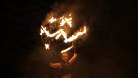 A young woman, an artist, performs with a fiery metal cube. A fire show, by artists. A program using a burning cube as a stage. A woman wearing a suit holds a large, burning cube in her hands. - Powered by Shutterstock - Get 15% off with code: PIKWIZARD15