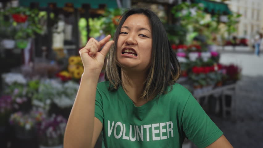 Woman in green volunteer shirt makes small gesture outside flower shop with colorful blooms