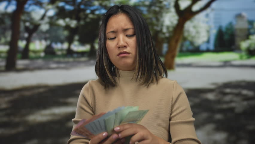 Woman examining chinese banknotes outdoors in a park with a thoughtful expression, surrounded by blurred trees and sunlight casting shadows.