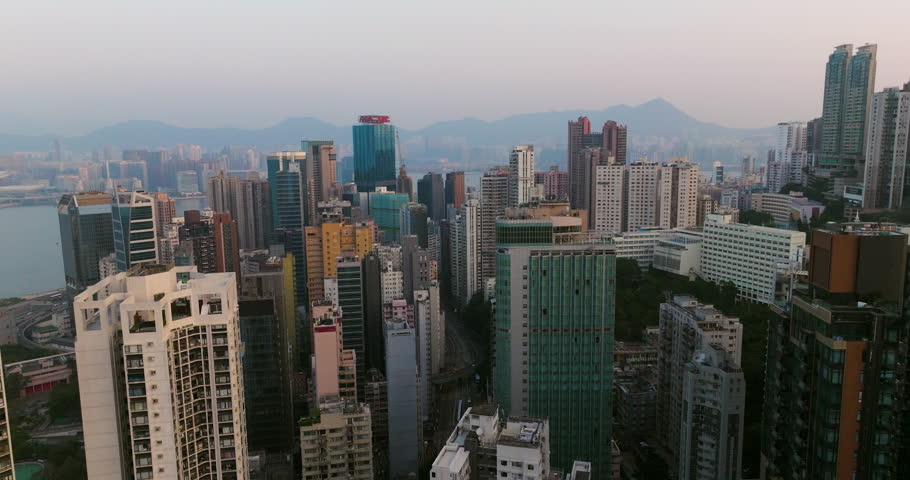 High-Density Urban Environment With A Multitude Of Skyscrapers In Hong Kong. Aerial Shot