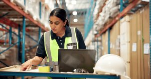Laptop, logistics and reading with woman in warehouse for delivery information, shipping and cargo. Supply chain industry, digital inventory and ecommerce inspection with person for factory storage - Powered by Shutterstock - Get 15% off with code: PIKWIZARD15