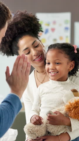 High five, girl or mother in hospital, doctor or recovery with diagnosis, wellness or good news. Mama, medical service or daughter with health progress, pediatrician or support with results or smile