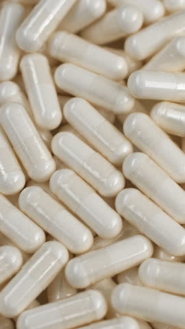 Medical white capsules, rotation. Tablets or vitamins close up, rotation