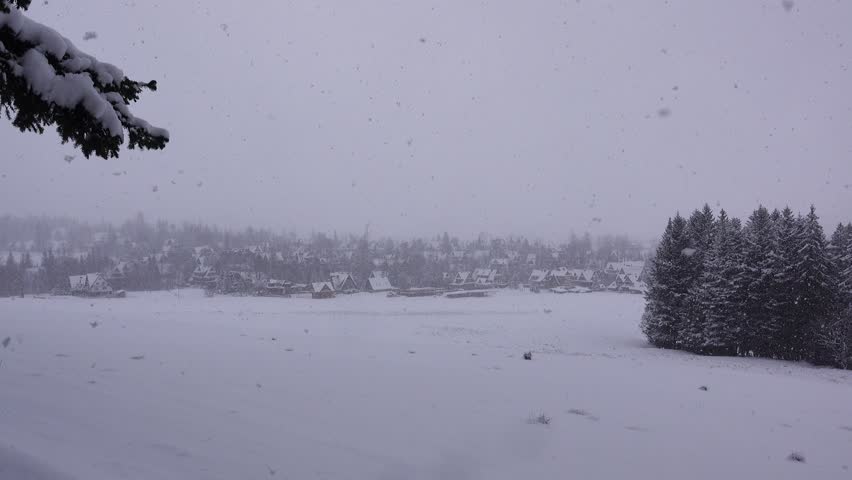 Heavy snowfall covers the town, trees, and houses in snow. Zakopane, Poland