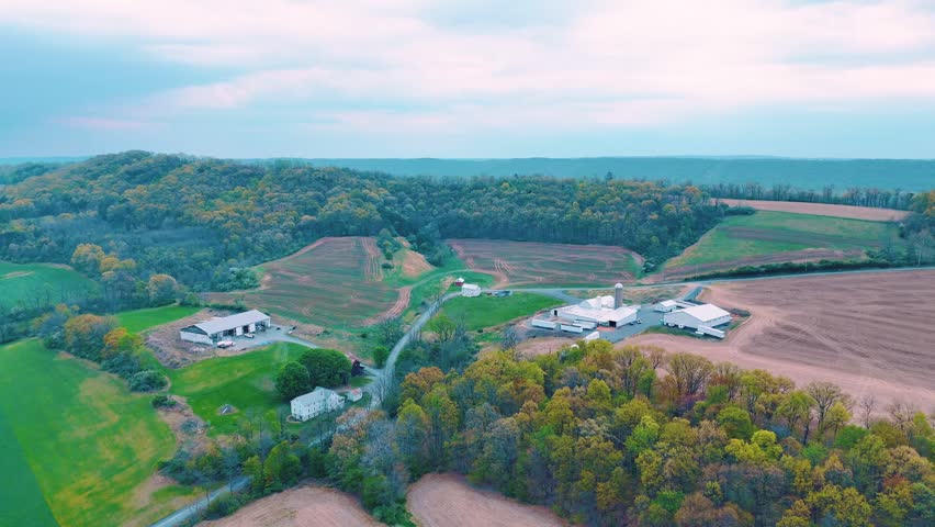 Aerial landscape of corn fields farmland mountains sunset rural Appalachia Central Pennsylvania USA