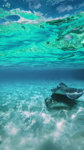 Vertical Screen: Experience the thrill of swimming with stingrays in clear, beautiful waters of Cayman Islands, surrounded by vibrant marine life and stunning underwater scenery. This adventure awaits