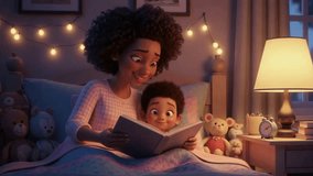Black Mother Reading Bedtime Story to Son in Cozy Bedroom, Emotional Family Support at Night Animation - Powered by Shutterstock - Get 15% off with code: PIKWIZARD15